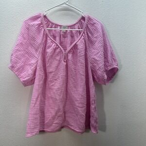 J.Crew Womens L Pink Textured Gauze Puffed Sleeve Top Braided V Neck 100% Cotton